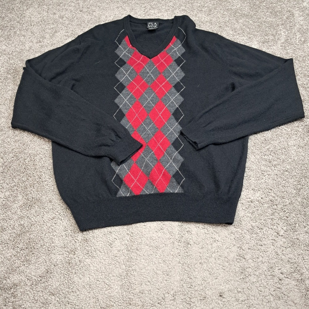 Jos A Bank Executive Collection Mens Black Argyle Lambswool V-Neck Sweater L